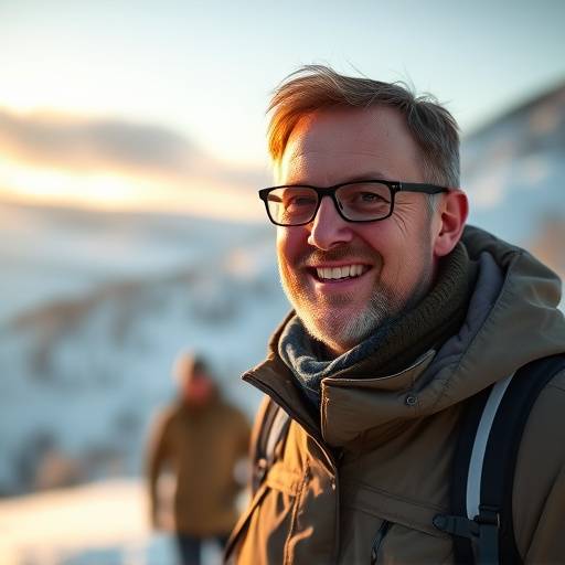 Portrait de Lars Lundqvist, guide touristique expérimenté, souriant dans un paysage enneigé.