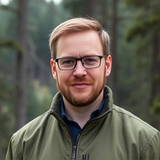 Portrait de Matias Jansson, responsable du développement durable, posant devant une forêt boréale.